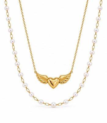 Γυναικείο Διπλό Κολιέ Peebls Angel Heart Pearls Gold
