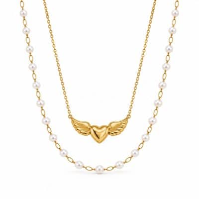 Γυναικείο Διπλό Κολιέ Peebls Angel Heart Pearls Gold