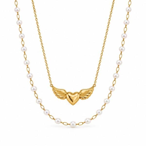 Γυναικείο Διπλό Κολιέ Peebls Angel Heart Pearls Gold